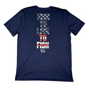 Fintech Fishing Shirt Men Size Medium Blue Fish to Live Live to Fish Tee Stretch